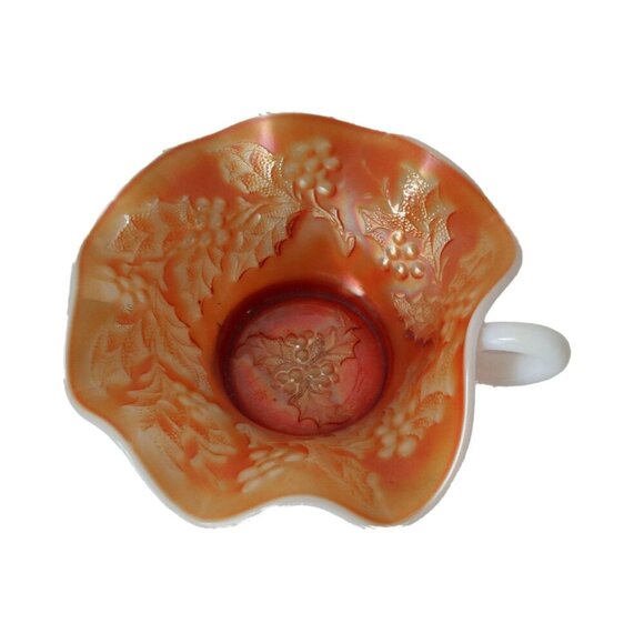 Vintage Carnival Glass Peach Opalescent Bowl w/Handle Holly Berry Pattern - Picture 2 of 6